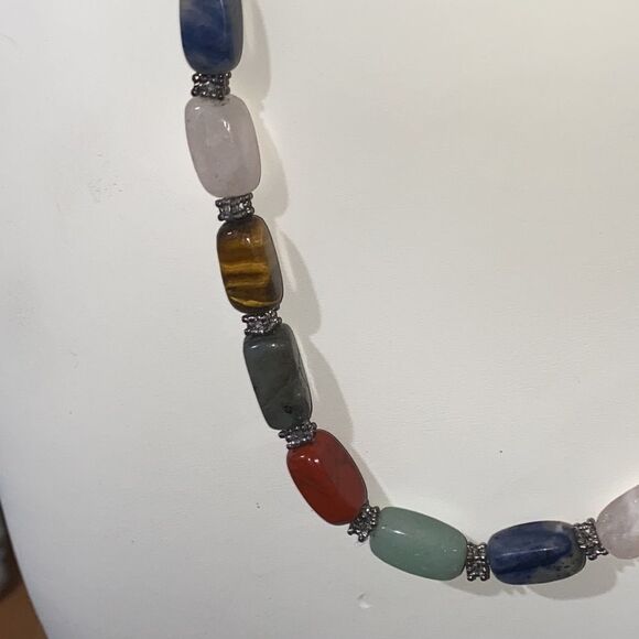 Multicolored Semi Precious Stone & Sterling Silver Chain Necklace - Picture 6 of 8